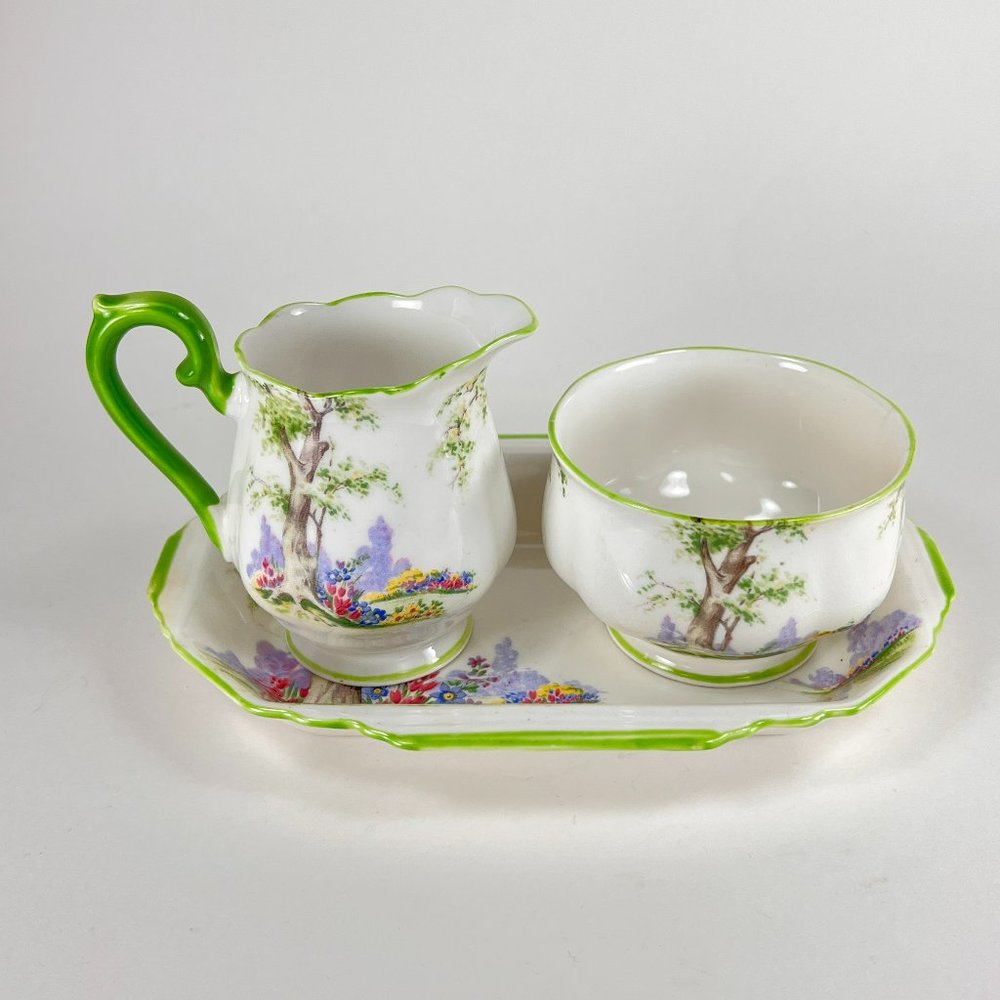 Vtg Royal Albert Creamer Sugar Bowl Relish Dish Greenwood Tree Bone China Lot 3